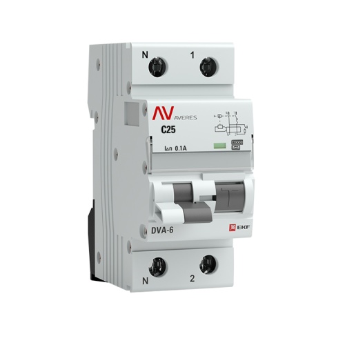 Дифференциальный автомат DVA-6 1P+N 25А (C) 100мА (A) 6кА AVERES | код  rcbo6-1pn-25C-100-a-av | EKF